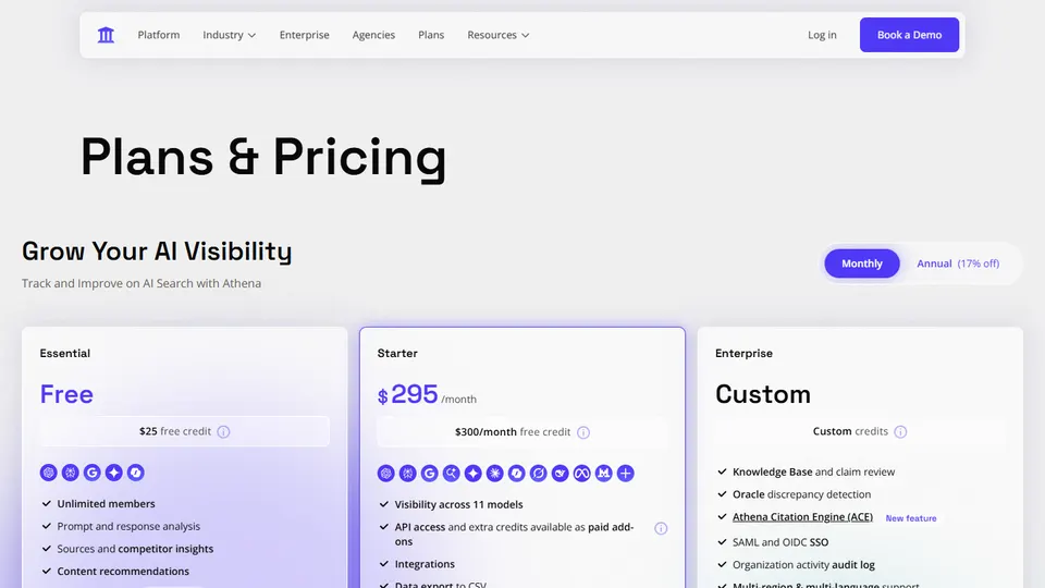 Screenshot of the AthenaHQ pricing page