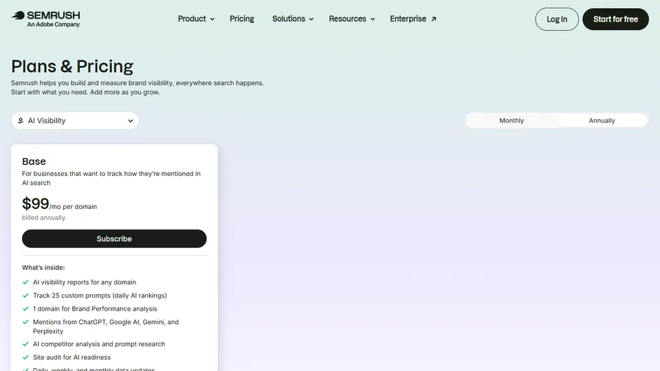 Screenshot of the Semrush AI Visibility Toolkit pricing page
